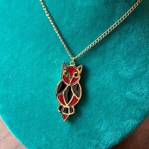 Retro Red and Gold Tone Enamel Owl Pendant Necklace